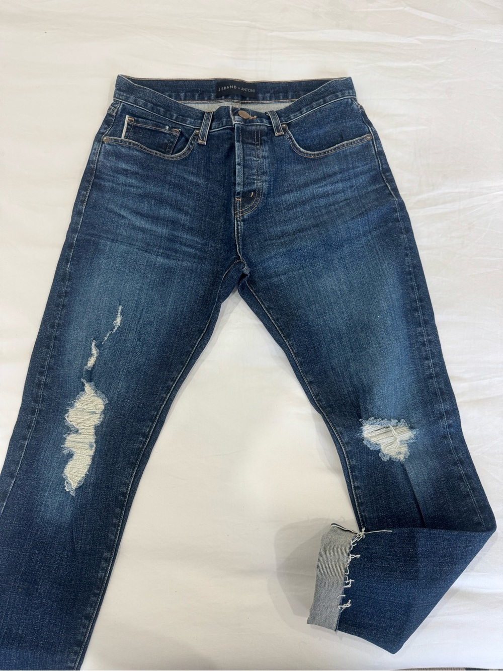 J Brand Dark Blue Skinny Jeans with Ripped Knees